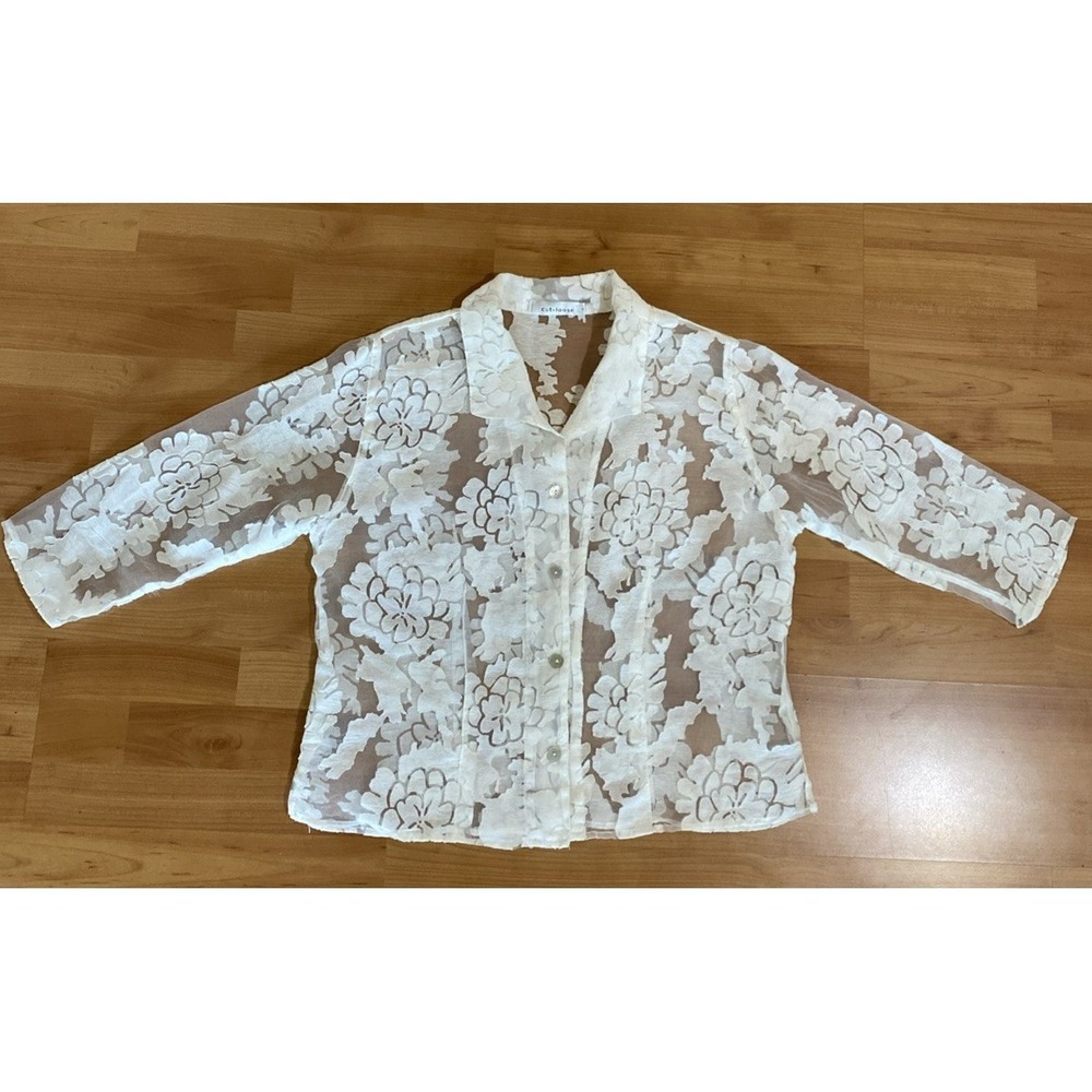 Cut Loose‎ Blouse Womens Large White Floral Sheer Button Front Relaxed  Romantic